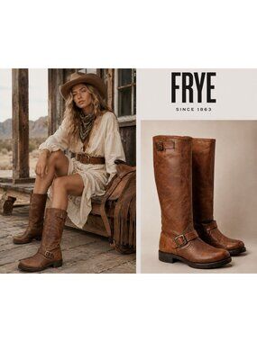 FRYE Brown Leather Tall Engineer Harness Moto Riding Boots Distressed Size 8.5